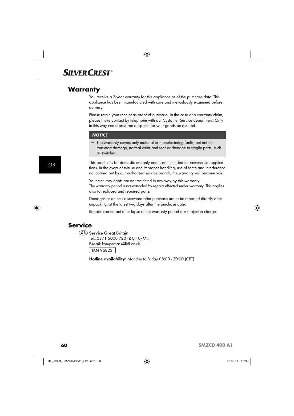 Warranty, Service | Silvercrest SMZCD 400 A1 User Manual | Page 63 / 64