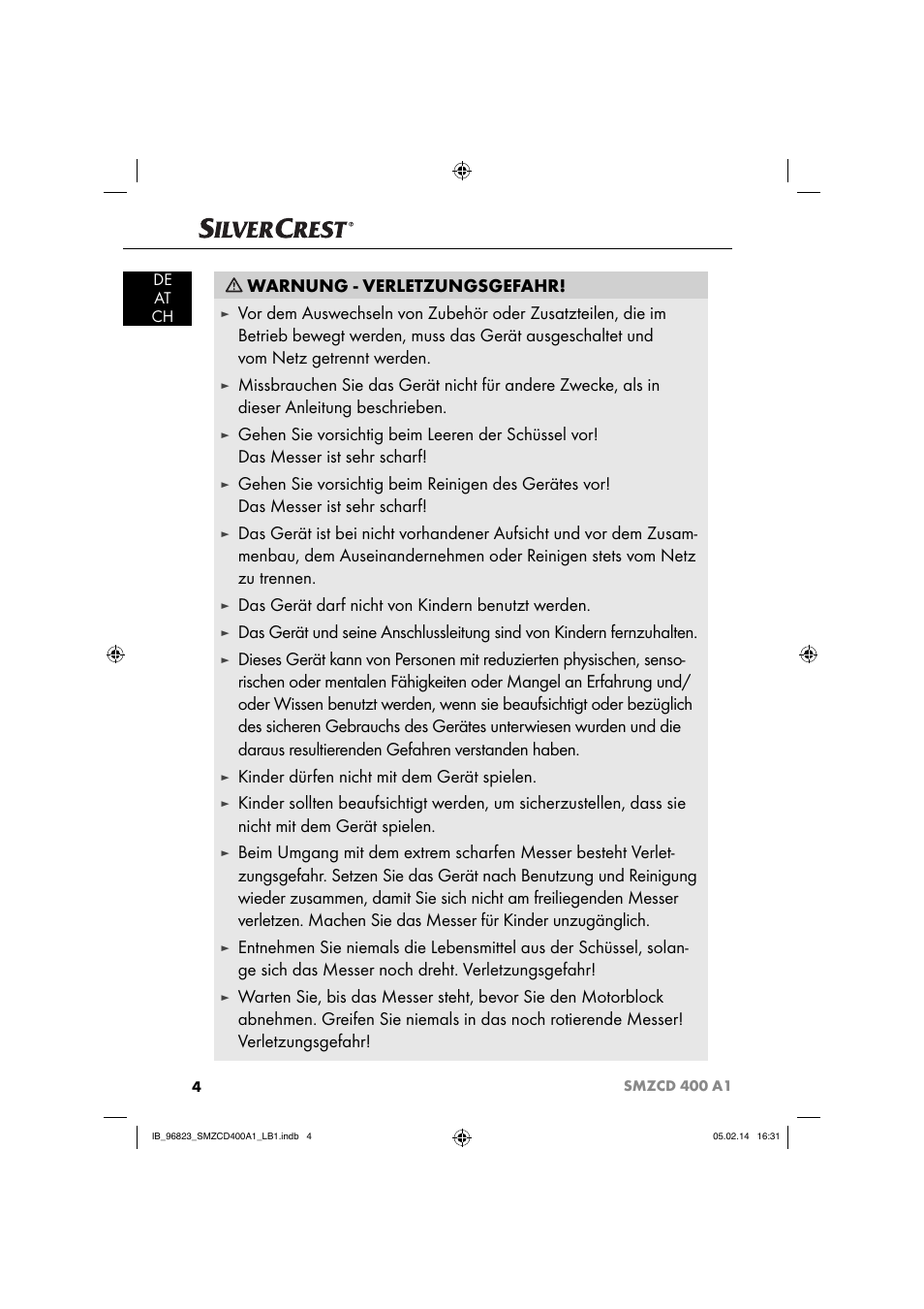 Warnung - verletzungsgefahr, Das gerät darf nicht von kindern benutzt werden, Kinder dürfen nicht mit dem gerät spielen | Silvercrest SMZCD 400 A1 User Manual | Page 7 / 64