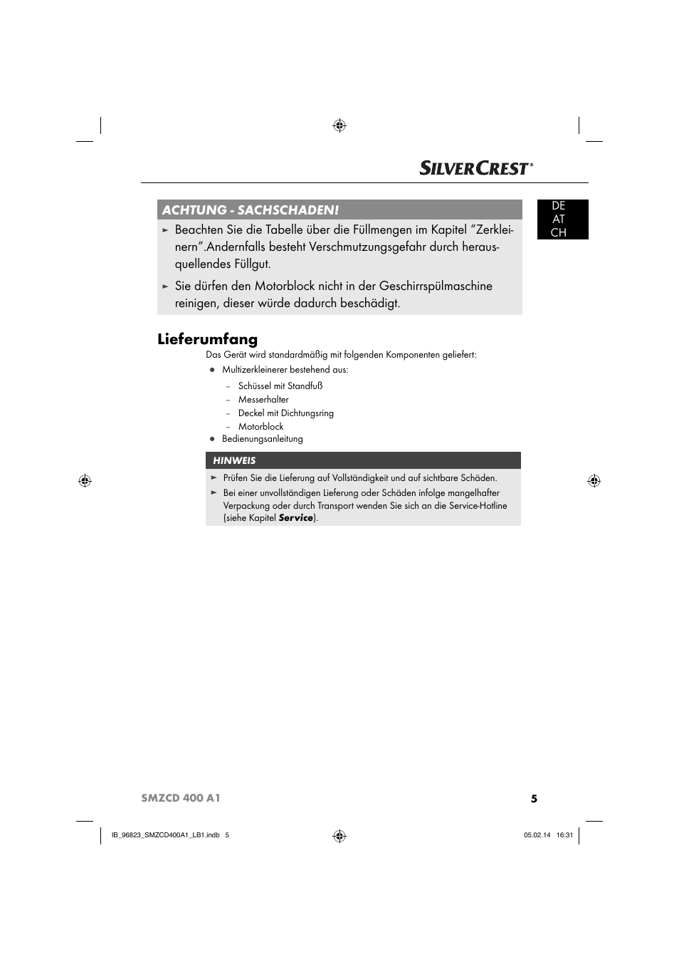 Lieferumfang, Achtung - sachschaden, De at ch | Silvercrest SMZCD 400 A1 User Manual | Page 8 / 64