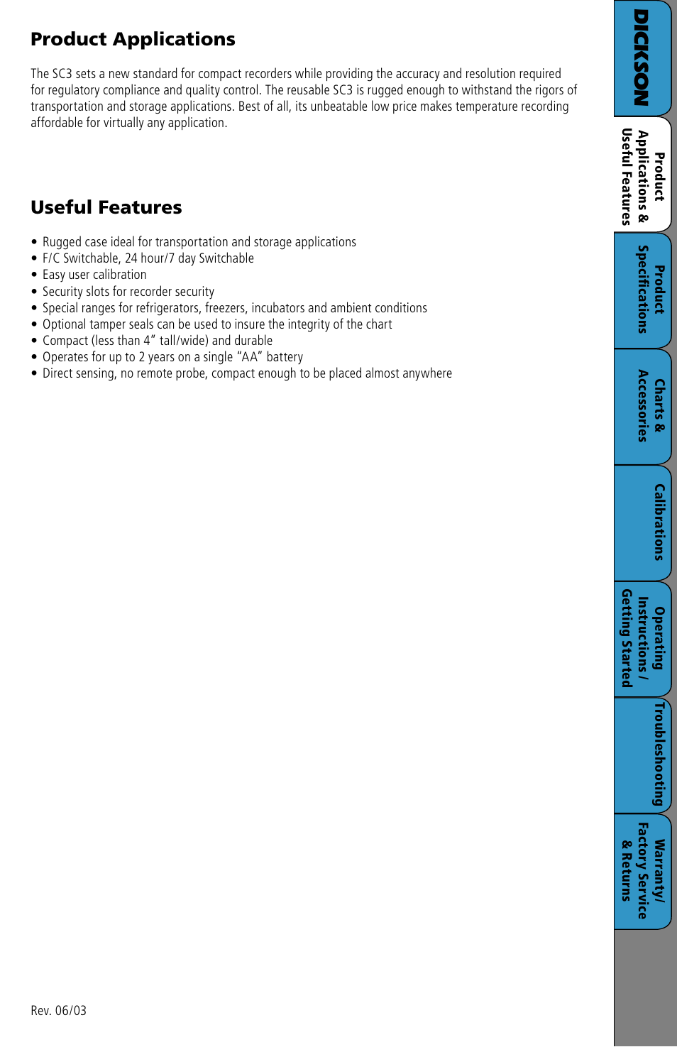 Product applications and useful features, Dic k so n, Product applications | Useful features | Dickson Industrial SC3 User Manual | Page 2 / 8