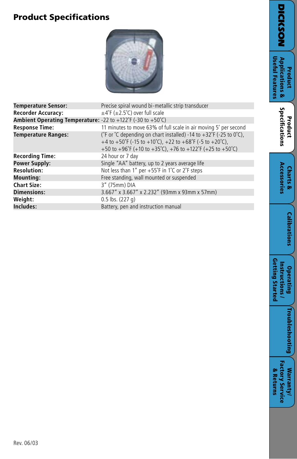 Product specifications, Dic k so n | Dickson Industrial SC3 User Manual | Page 3 / 8