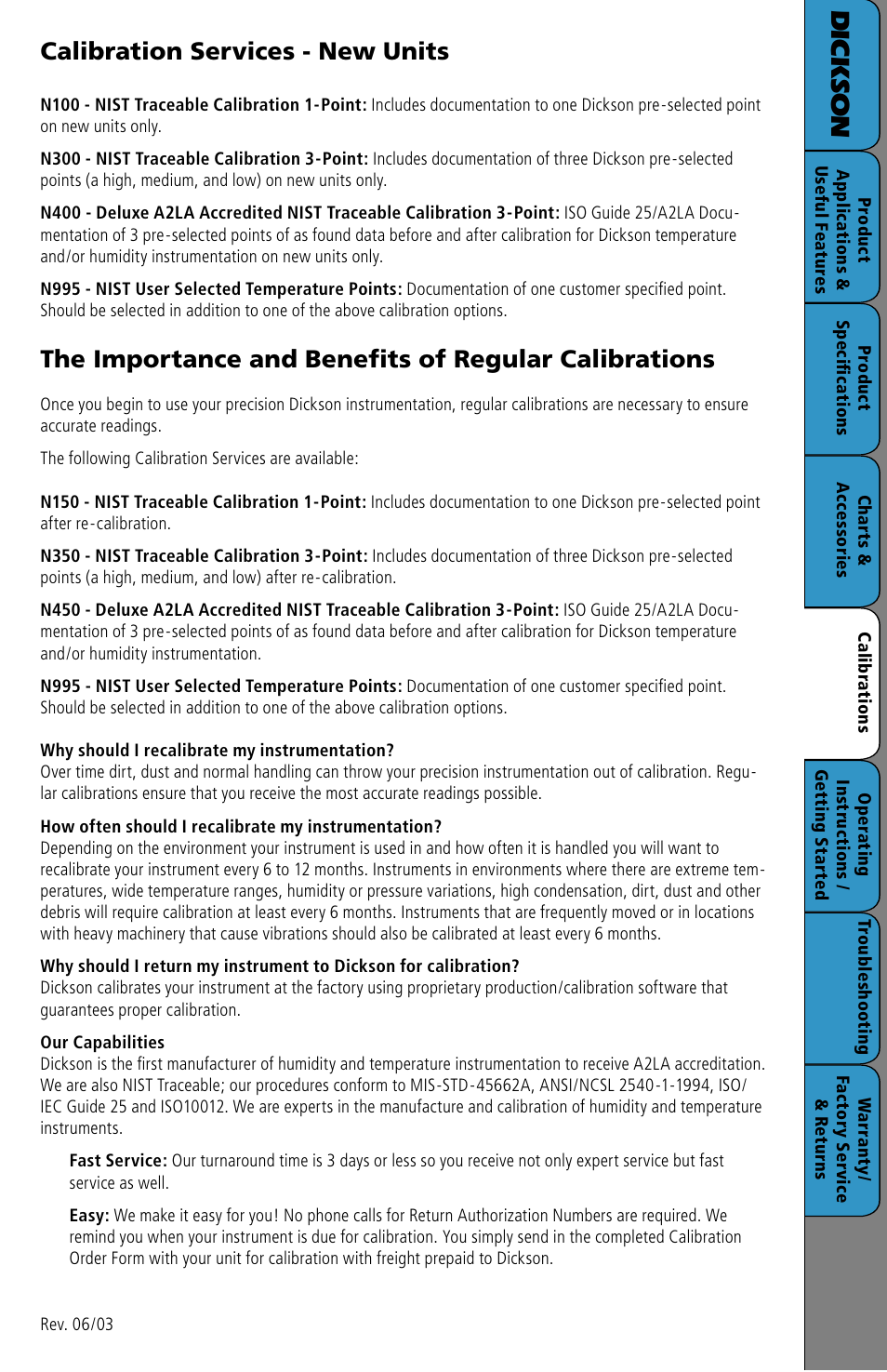 Calibrations, Dic k so n, Calibration services - new units | Dickson Industrial SC3 User Manual | Page 5 / 8