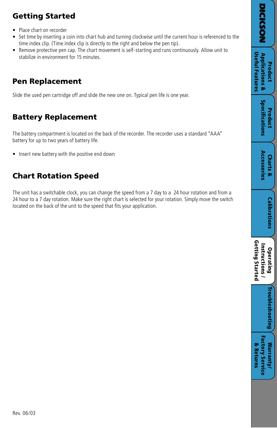 Operating instructions / getting started, G s ta, Dic k so n | Getting started, Pen replacement, Battery replacement, Chart rotation speed | Dickson Industrial SC3 User Manual | Page 6 / 8