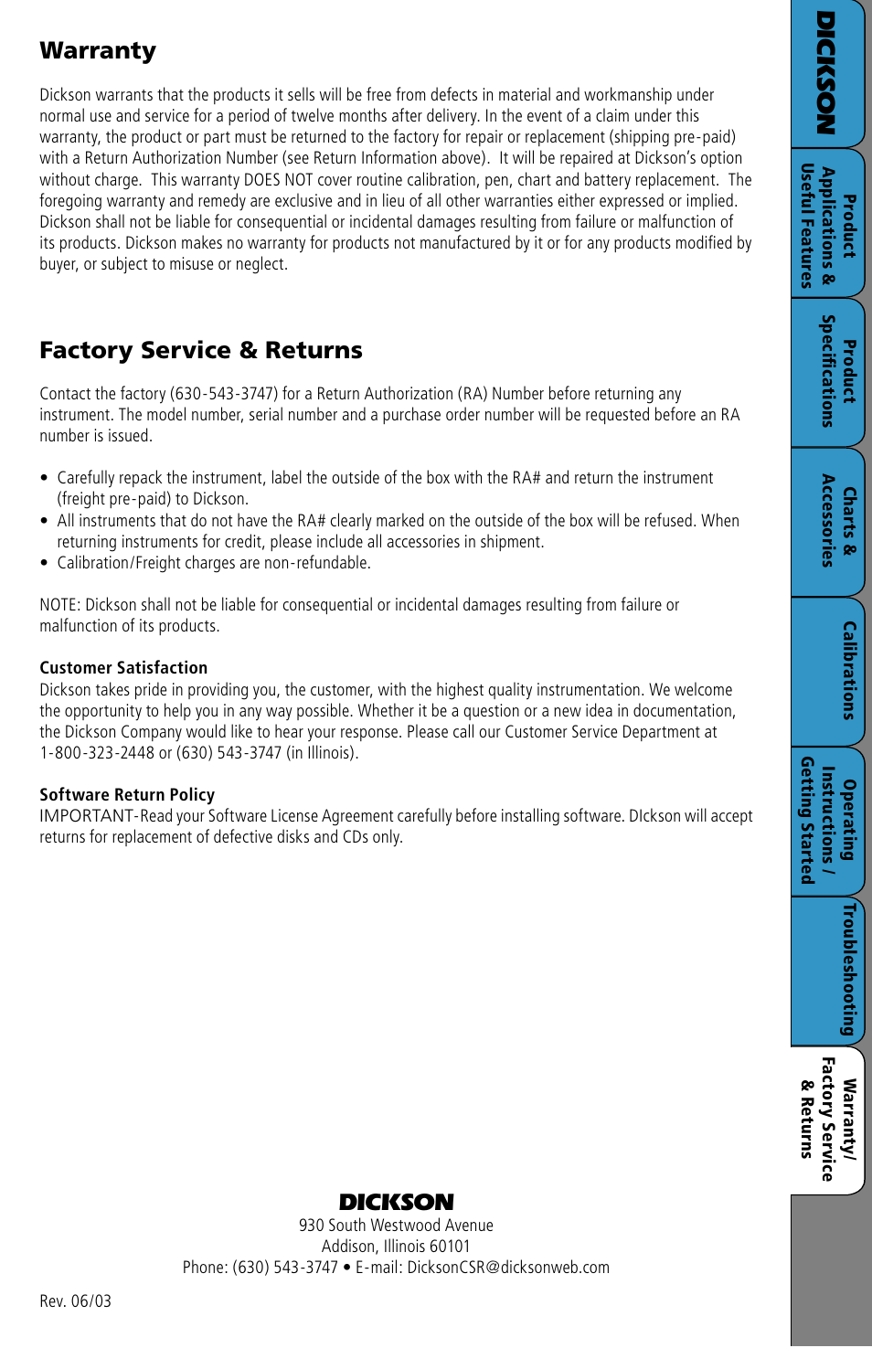Warranty / factory service & returns, Y s er, R et | Dic k so n, Warranty, Factory service & returns, Dickson | Dickson Industrial SC3 User Manual | Page 8 / 8