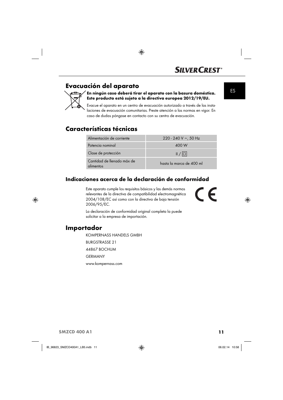Evacuación del aparato, Características técnicas, Importador | Silvercrest SMZCD 400 A1 User Manual | Page 14 / 64