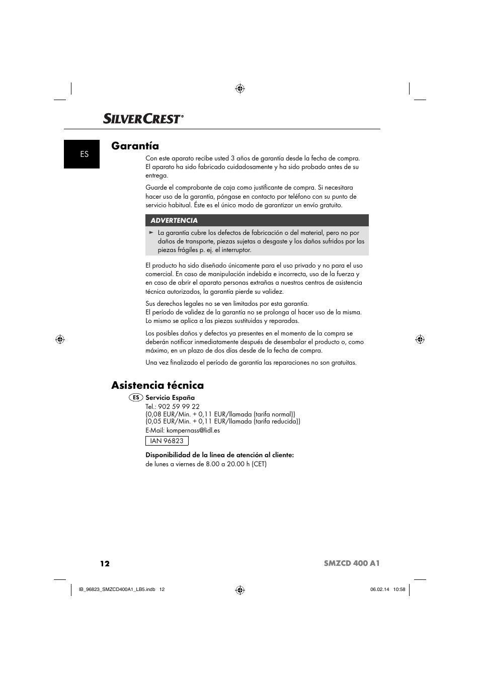 Garantía, Asistencia técnica | Silvercrest SMZCD 400 A1 User Manual | Page 15 / 64