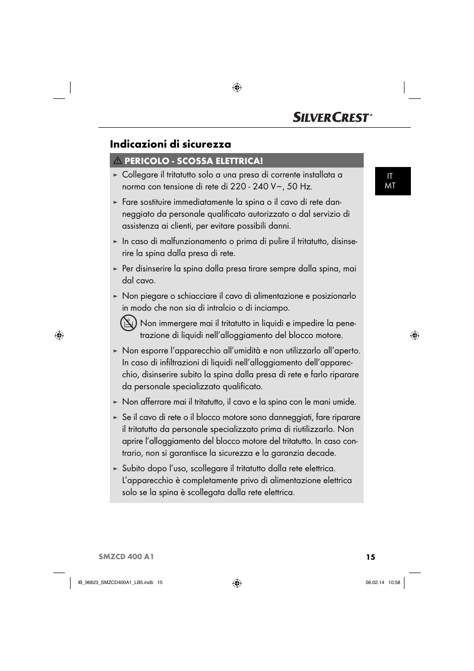 Indicazioni di sicurezza, Pericolo - scossa elettrica | Silvercrest SMZCD 400 A1 User Manual | Page 18 / 64