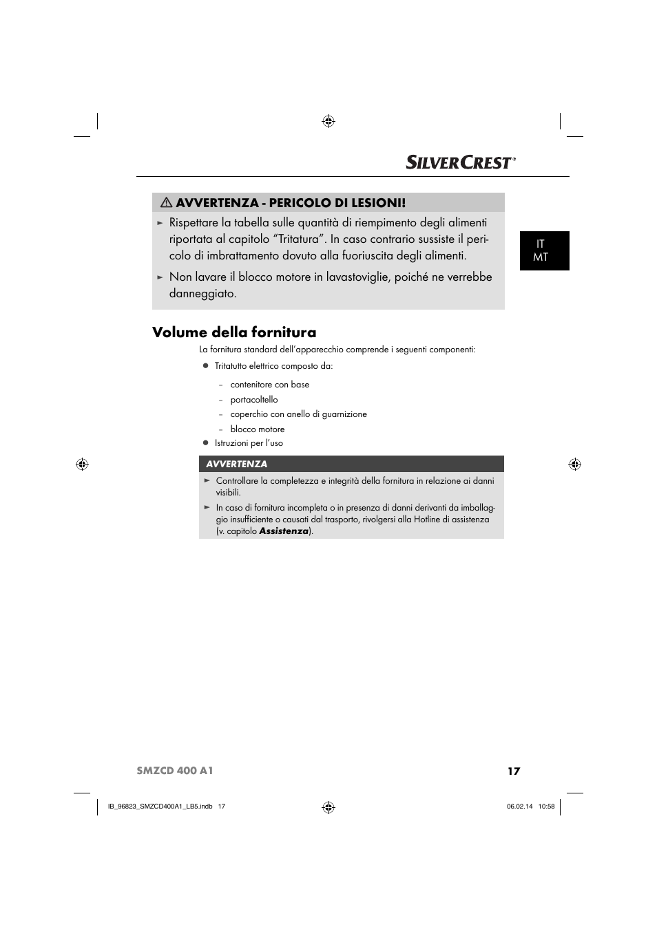 Volume della fornitura, Avvertenza - pericolo di lesioni, It mt | Silvercrest SMZCD 400 A1 User Manual | Page 20 / 64