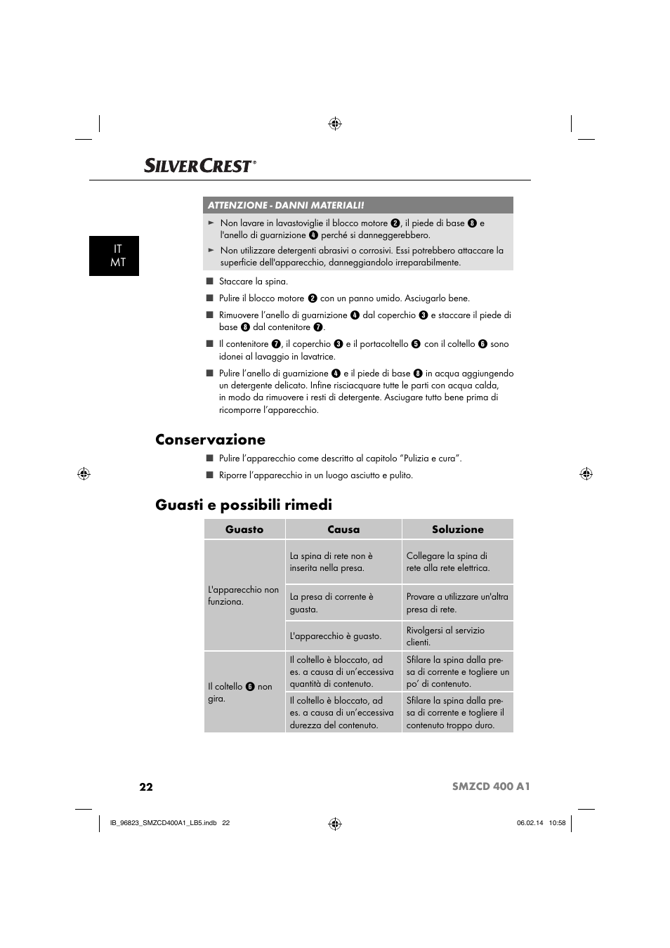Conservazione, Guasti e possibili rimedi, It mt | Silvercrest SMZCD 400 A1 User Manual | Page 25 / 64