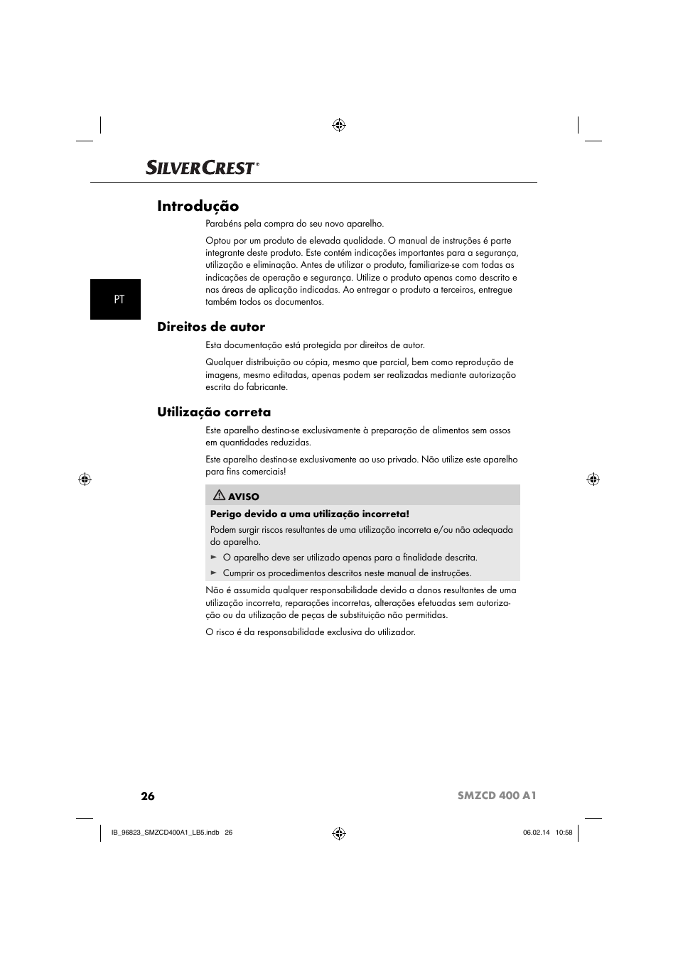 Introdução, Direitos de autor, Utilização correta | Silvercrest SMZCD 400 A1 User Manual | Page 29 / 64