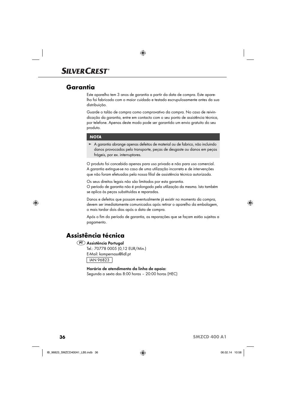 Garantia, Assistência técnica | Silvercrest SMZCD 400 A1 User Manual | Page 39 / 64