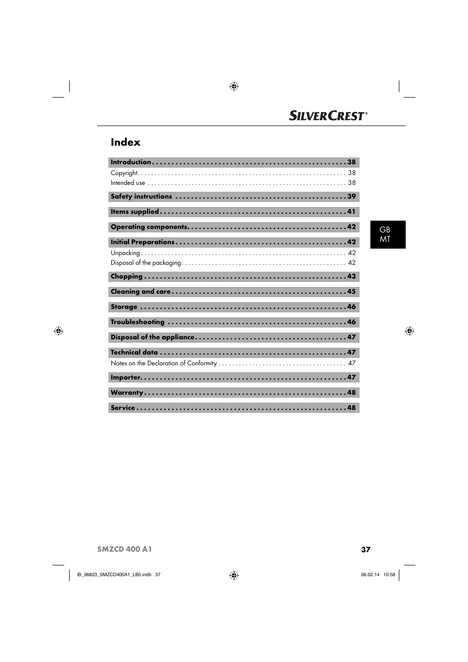 Index, Gb mt | Silvercrest SMZCD 400 A1 User Manual | Page 40 / 64