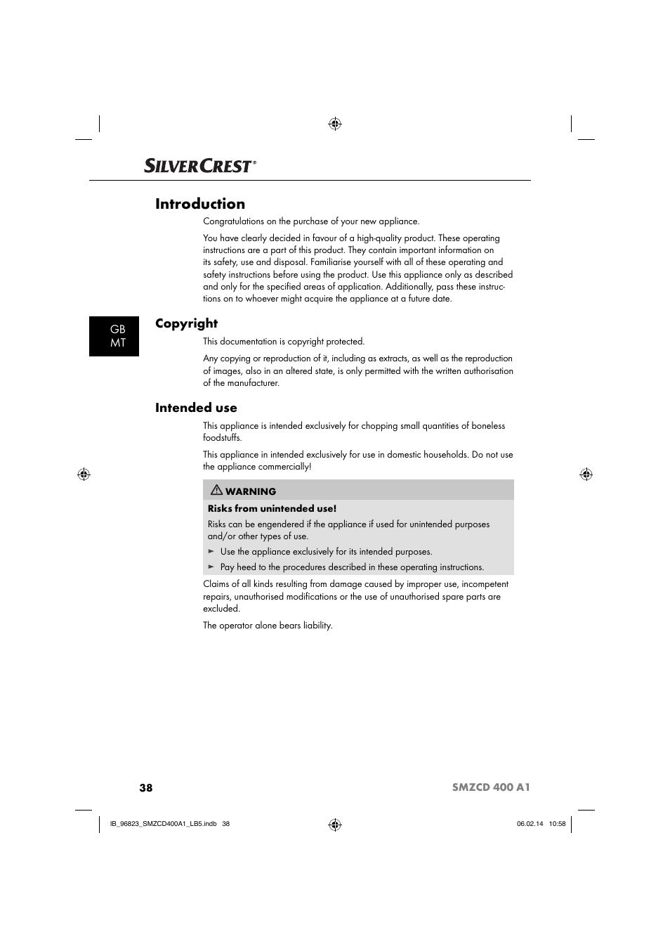 Introduction, Copyright, Intended use | Gb mt | Silvercrest SMZCD 400 A1 User Manual | Page 41 / 64