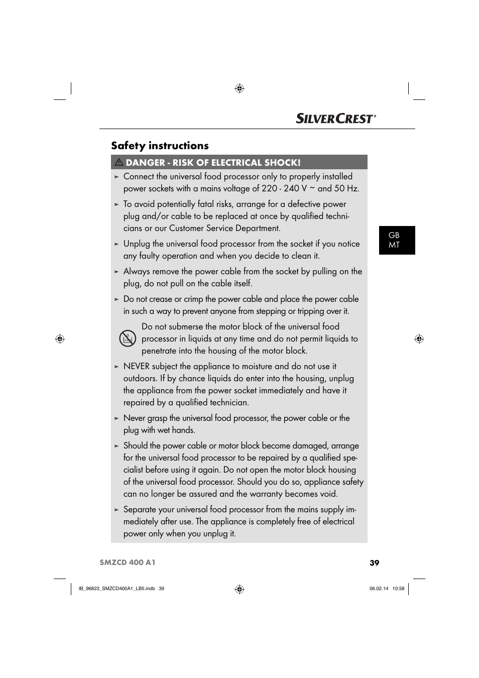 Safety instructions, Danger - risk of electrical shock | Silvercrest SMZCD 400 A1 User Manual | Page 42 / 64