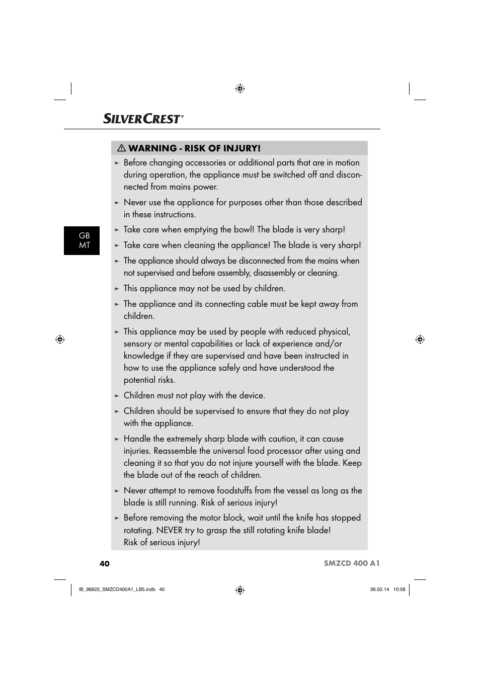 Warning - risk of injury, This appliance may not be used by children, Children must not play with the device | Silvercrest SMZCD 400 A1 User Manual | Page 43 / 64