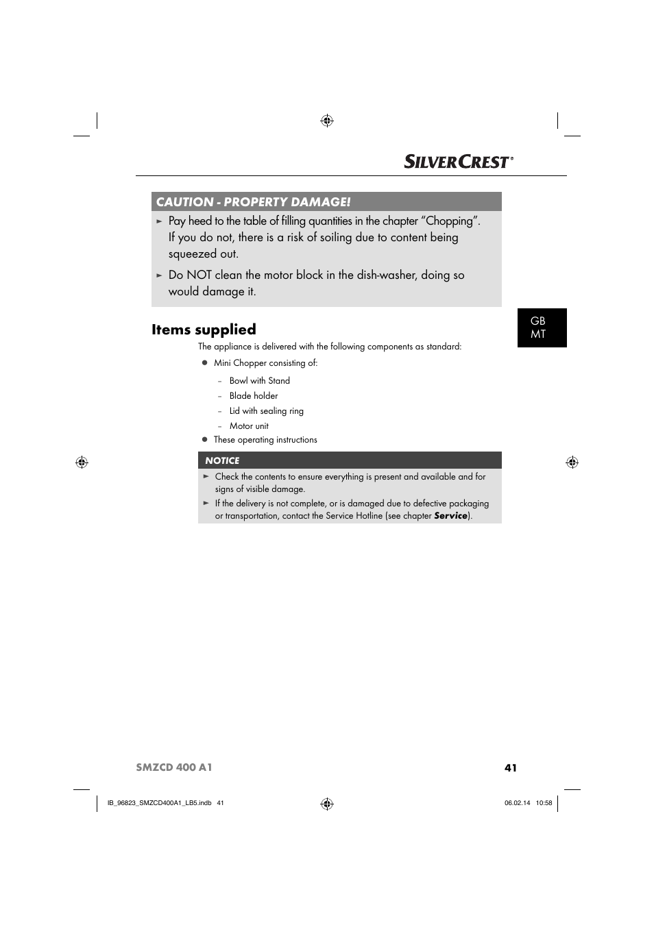 Items supplied, Caution - property damage, Gb mt | Silvercrest SMZCD 400 A1 User Manual | Page 44 / 64