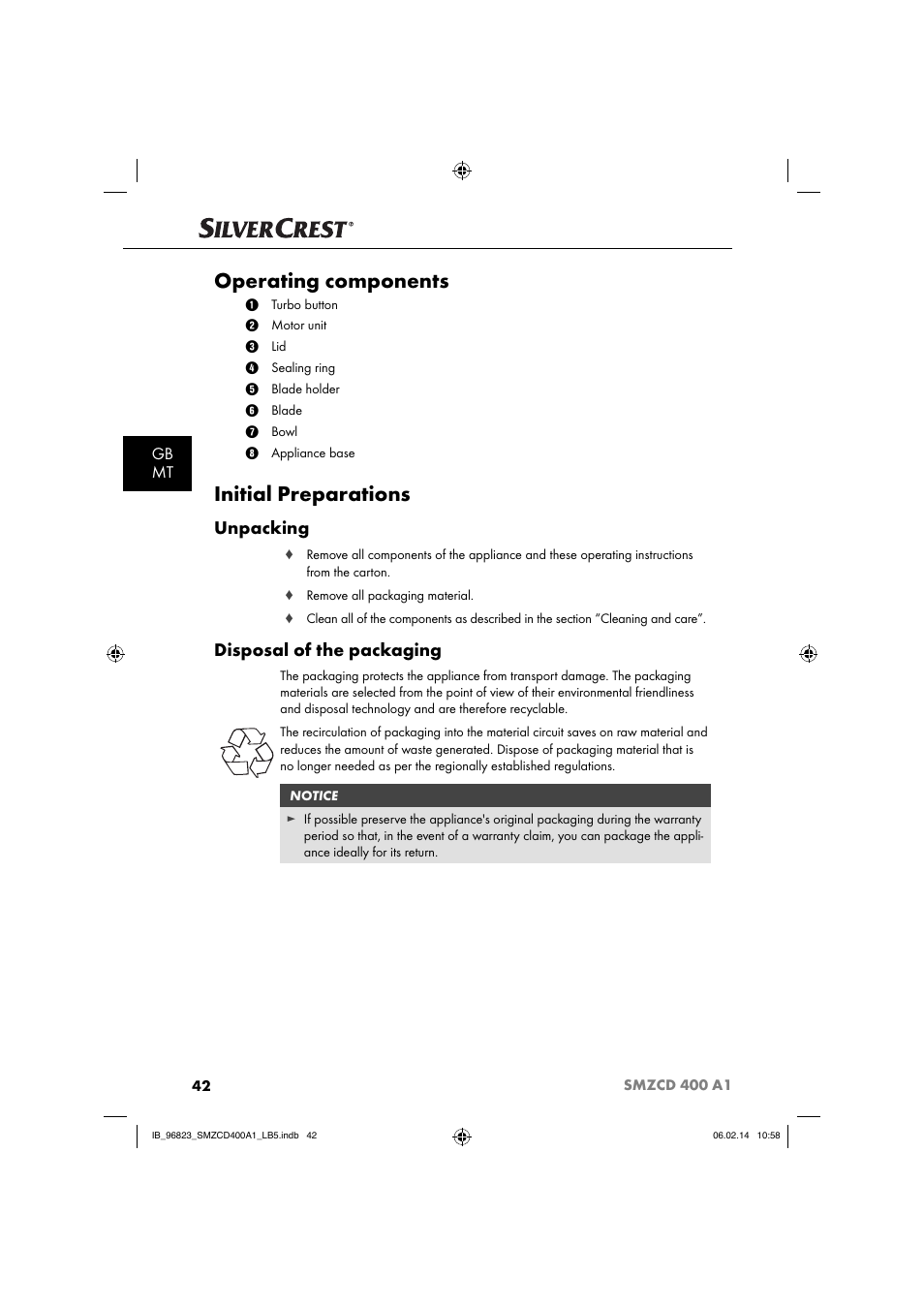 Operating components, Initial preparations, Unpacking | Disposal of the packaging, Gb mt | Silvercrest SMZCD 400 A1 User Manual | Page 45 / 64