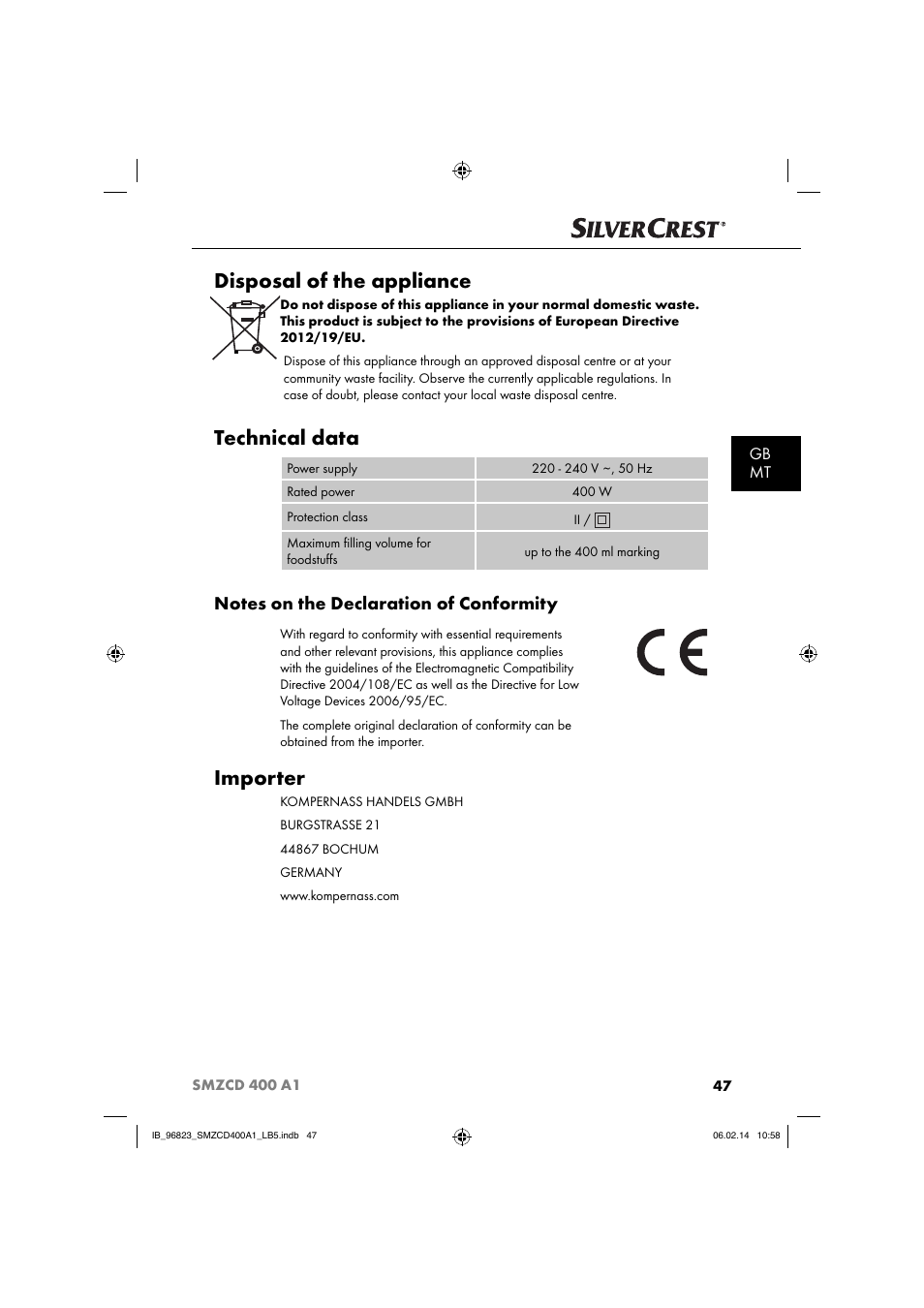 Disposal of the appliance, Technical data, Importer | Gb mt | Silvercrest SMZCD 400 A1 User Manual | Page 50 / 64