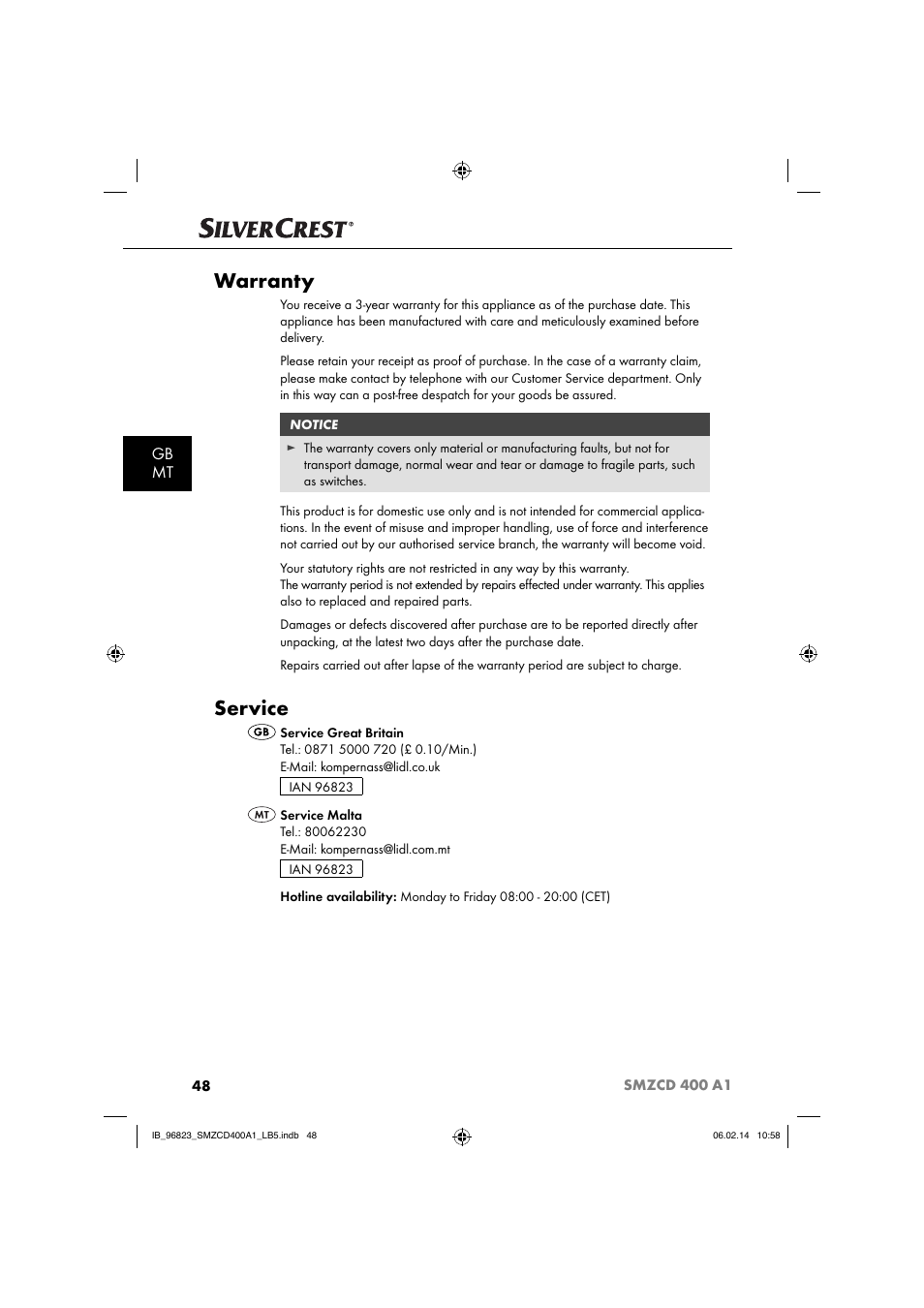 Warranty, Service, Gb mt | Silvercrest SMZCD 400 A1 User Manual | Page 51 / 64