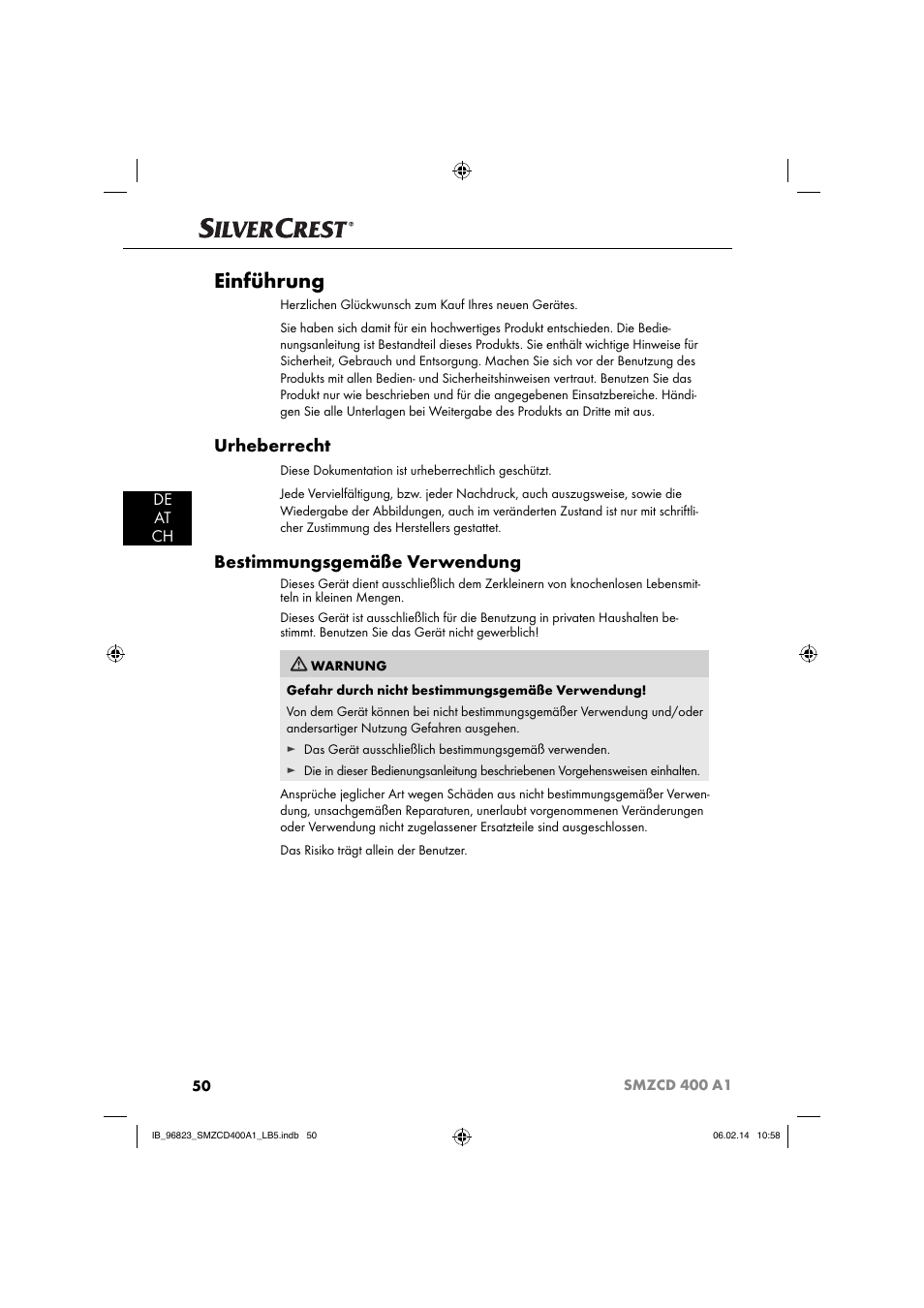Einführung, Urheberrecht, Bestimmungsgemäße verwendung | De at ch | Silvercrest SMZCD 400 A1 User Manual | Page 53 / 64