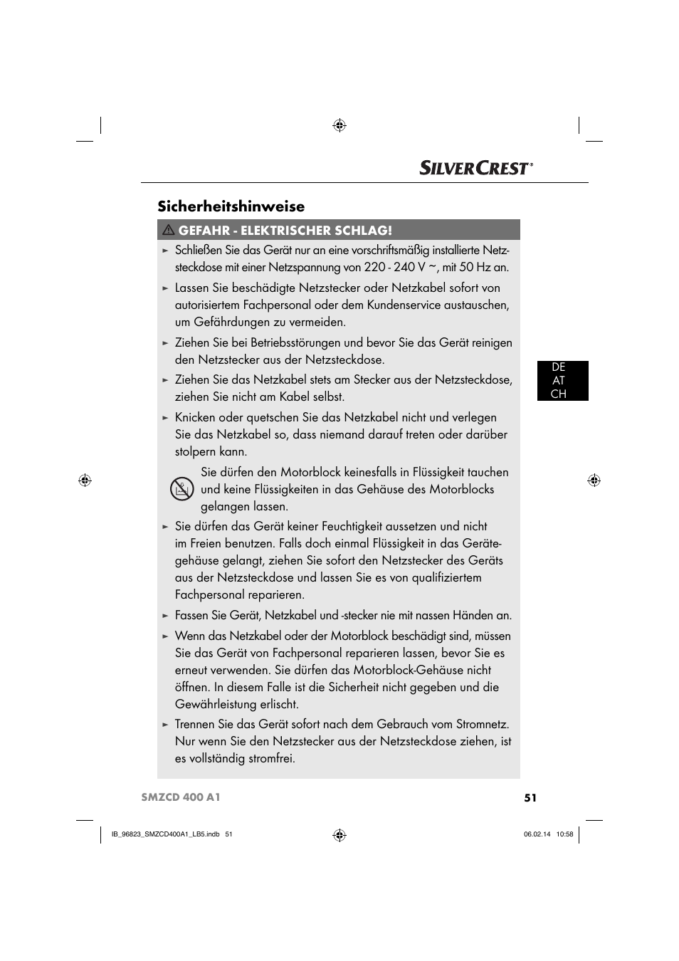 Sicherheitshinweise, Gefahr - elektrischer schlag | Silvercrest SMZCD 400 A1 User Manual | Page 54 / 64