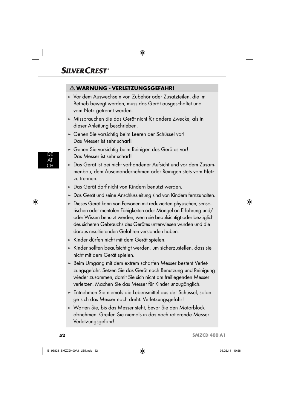 Warnung - verletzungsgefahr, Das gerät darf nicht von kindern benutzt werden, Kinder dürfen nicht mit dem gerät spielen | Silvercrest SMZCD 400 A1 User Manual | Page 55 / 64