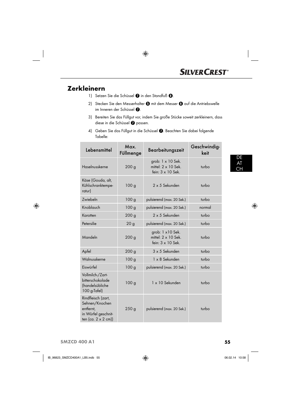 Zerkleinern, De at ch | Silvercrest SMZCD 400 A1 User Manual | Page 58 / 64