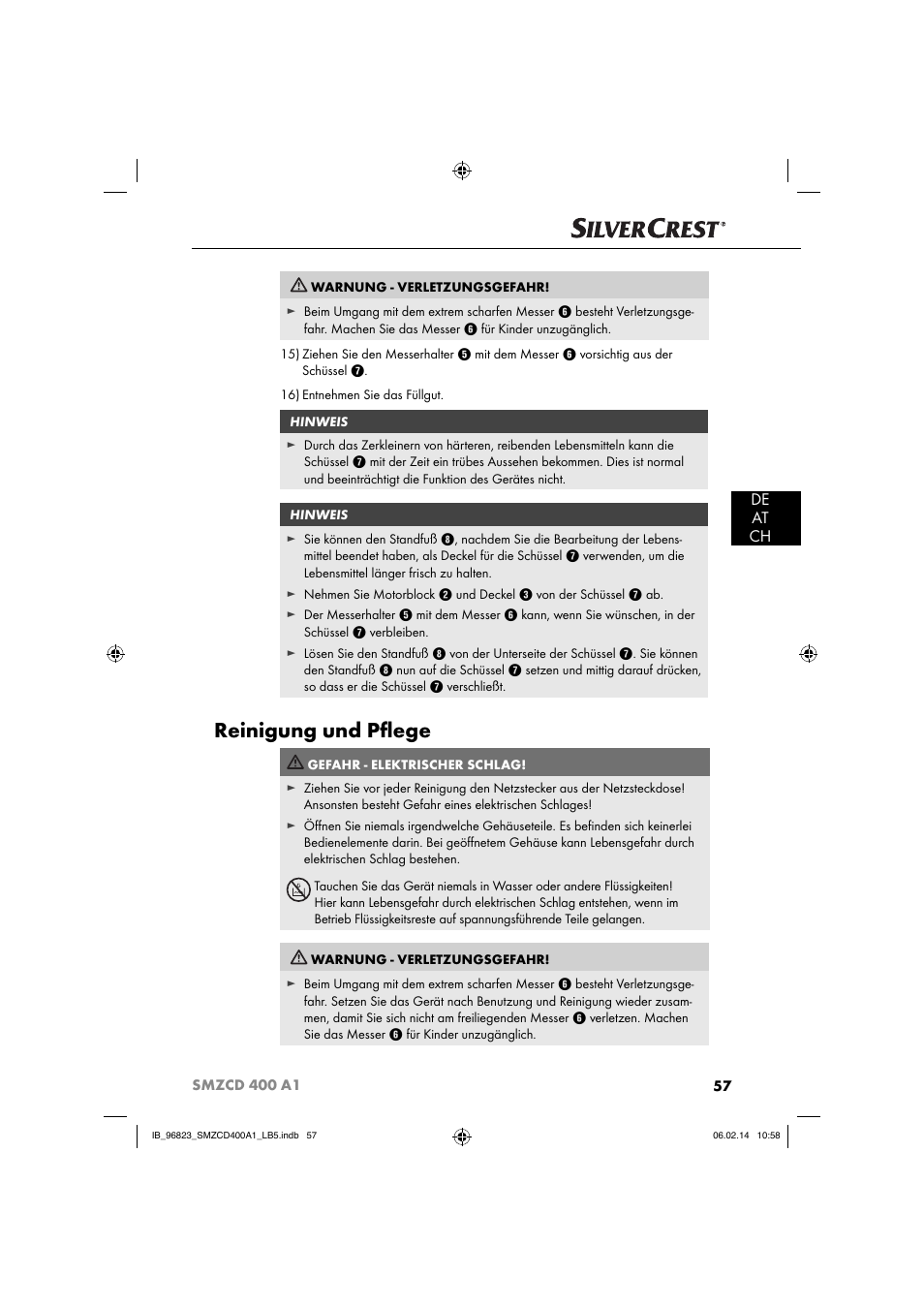 Reinigung und pﬂ ege, De at ch | Silvercrest SMZCD 400 A1 User Manual | Page 60 / 64