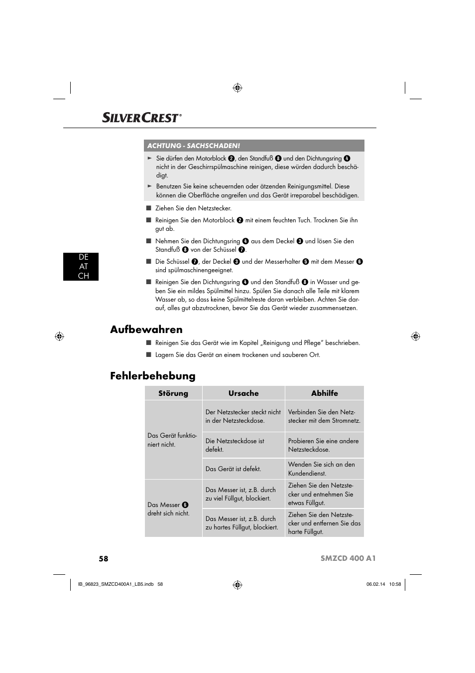 Aufbewahren, Fehlerbehebung, De at ch | Silvercrest SMZCD 400 A1 User Manual | Page 61 / 64