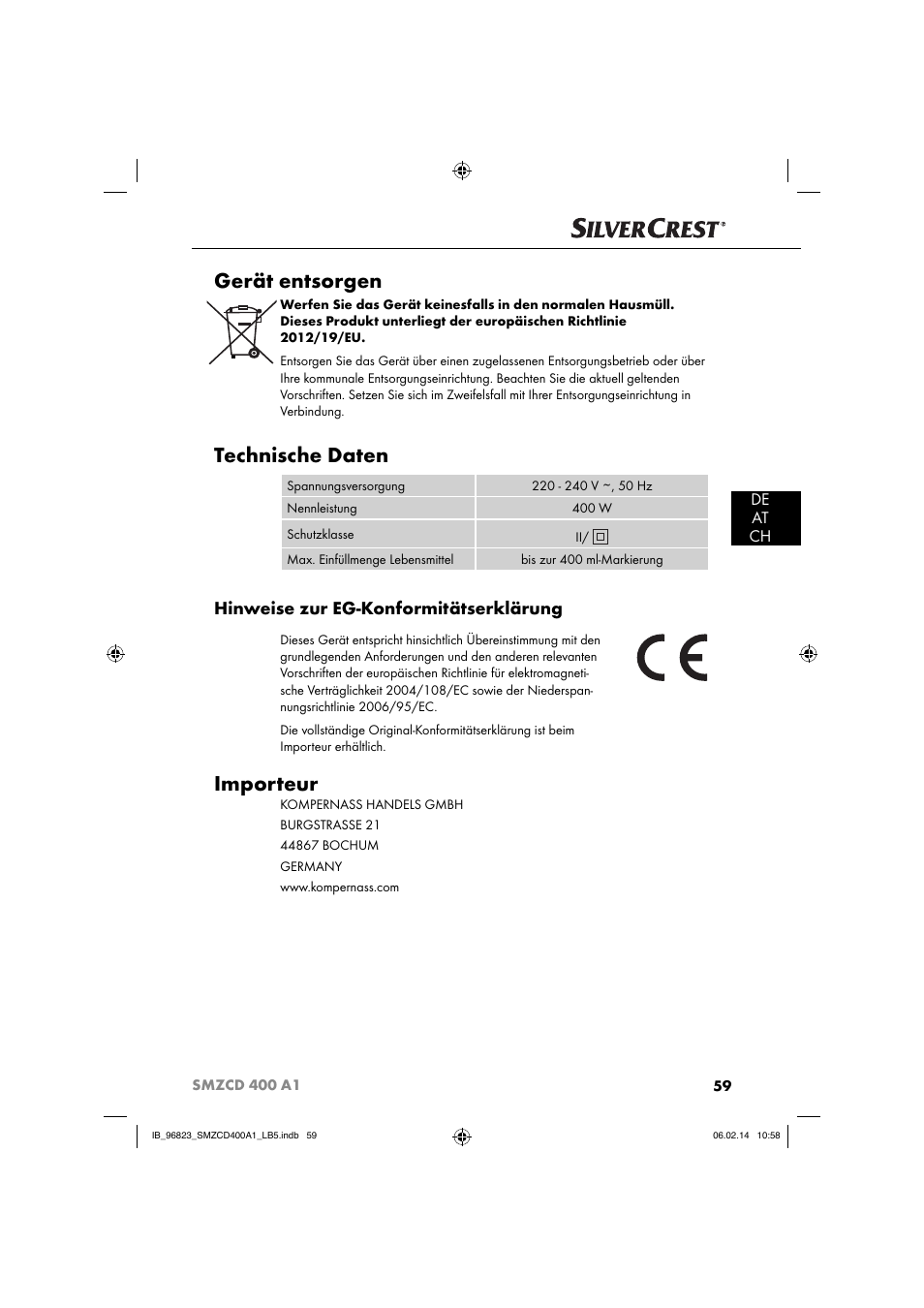 Gerät entsorgen, Technische daten, Importeur | Hinweise zur eg-konformitätserklärung, De at ch | Silvercrest SMZCD 400 A1 User Manual | Page 62 / 64