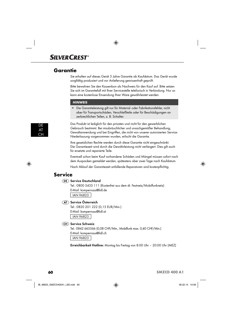 Garantie, Service, De at ch | Silvercrest SMZCD 400 A1 User Manual | Page 63 / 64