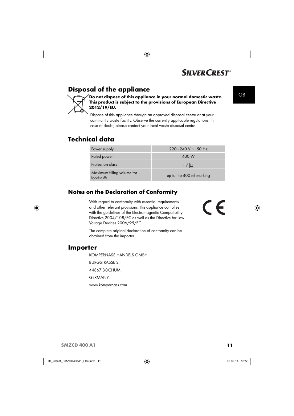 Disposal of the appliance, Technical data, Importer | Silvercrest SMZCD 400 A1 User Manual | Page 14 / 76