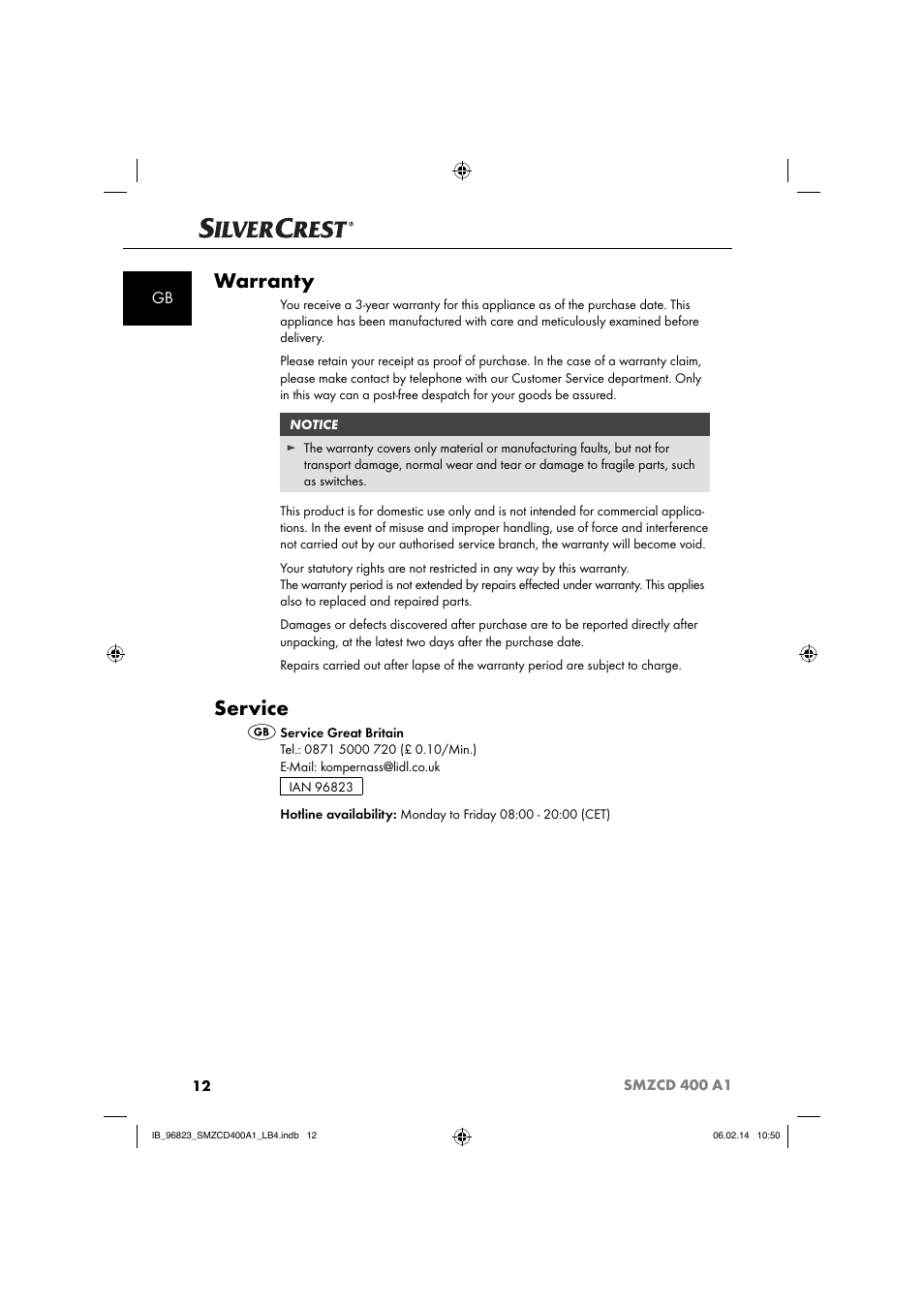 Warranty, Service | Silvercrest SMZCD 400 A1 User Manual | Page 15 / 76