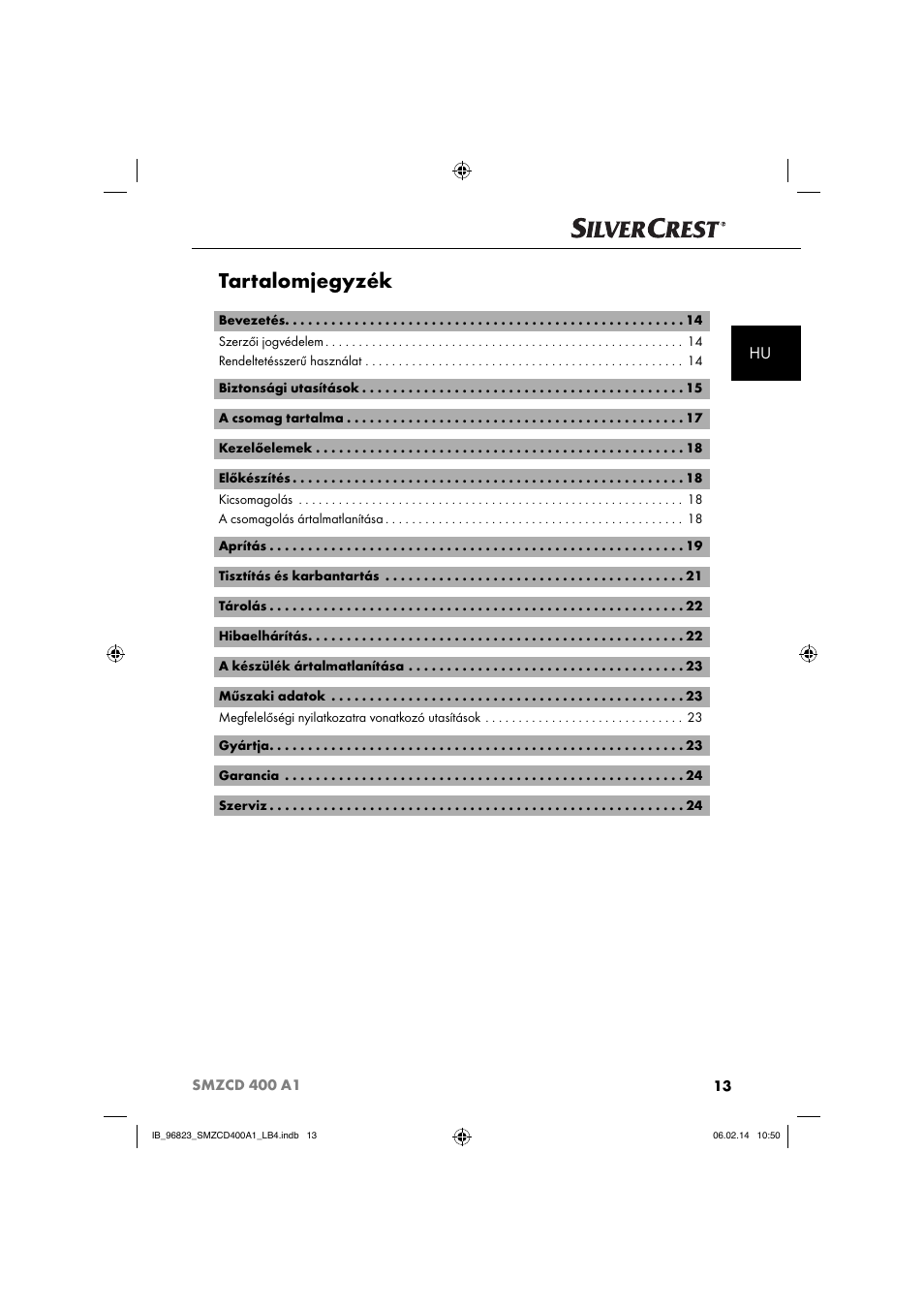 Tartalomjegyzék | Silvercrest SMZCD 400 A1 User Manual | Page 16 / 76