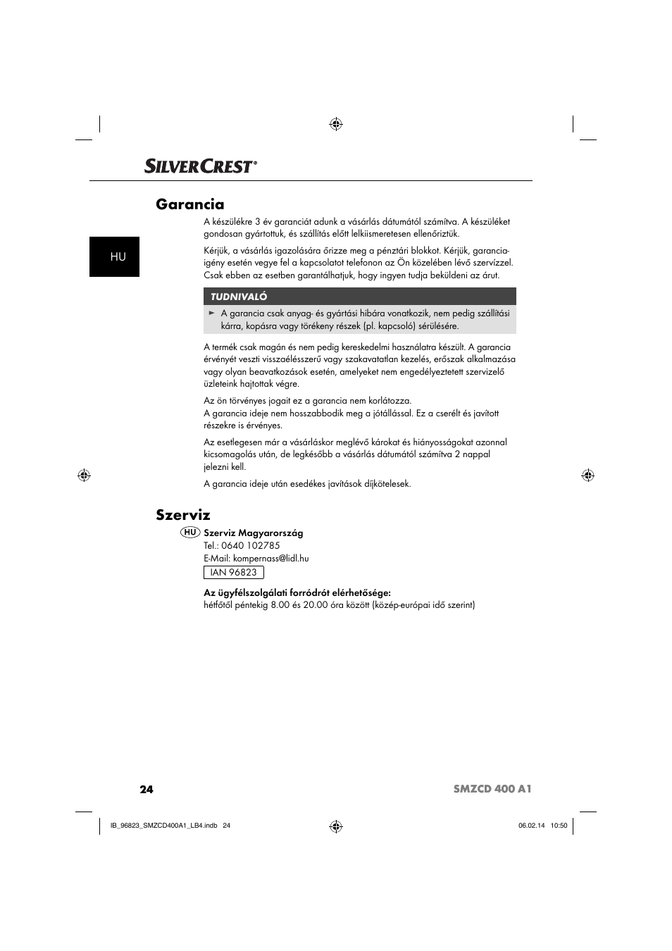 Garancia, Szerviz | Silvercrest SMZCD 400 A1 User Manual | Page 27 / 76