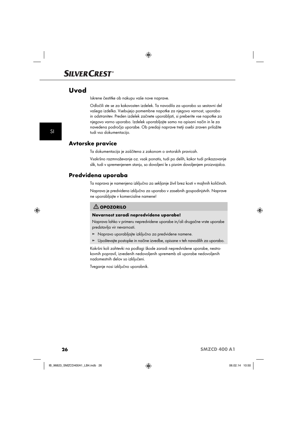 Uvod, Avtorske pravice, Predvidena uporaba | Silvercrest SMZCD 400 A1 User Manual | Page 29 / 76