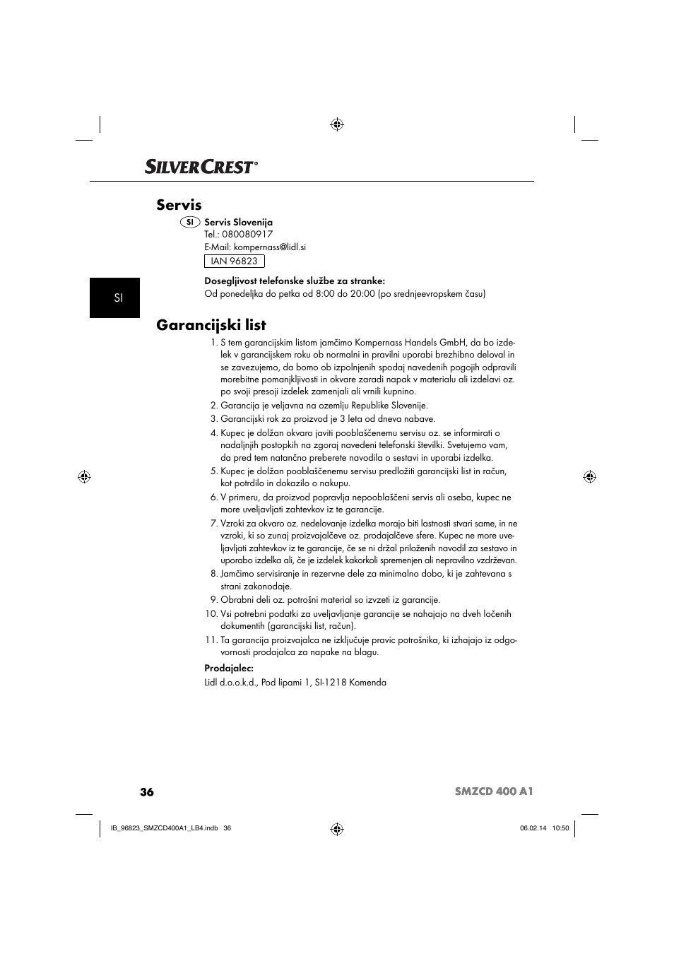 Servis, Garancijski list | Silvercrest SMZCD 400 A1 User Manual | Page 39 / 76