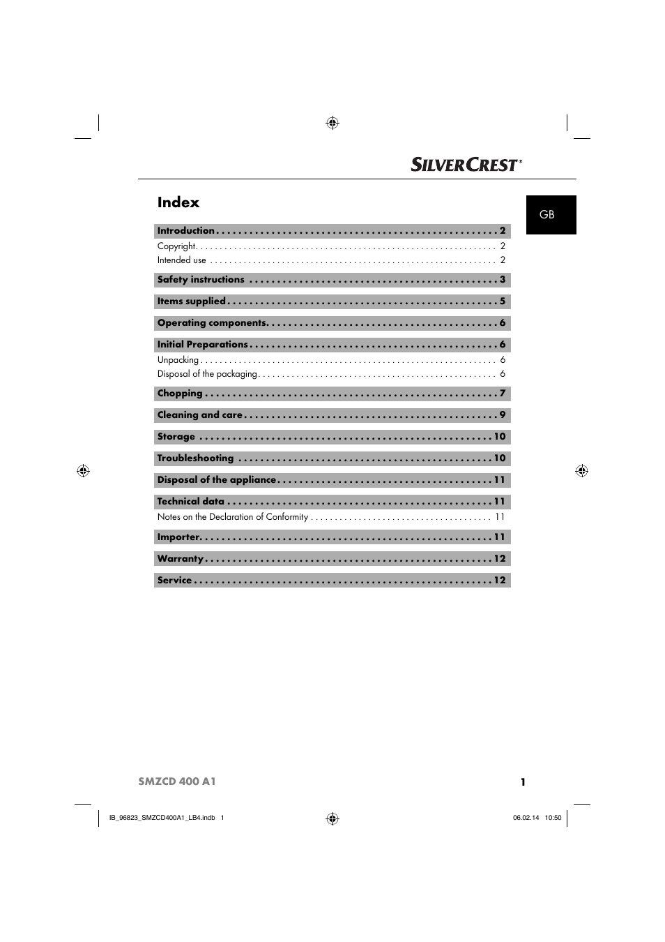 Index | Silvercrest SMZCD 400 A1 User Manual | Page 4 / 76