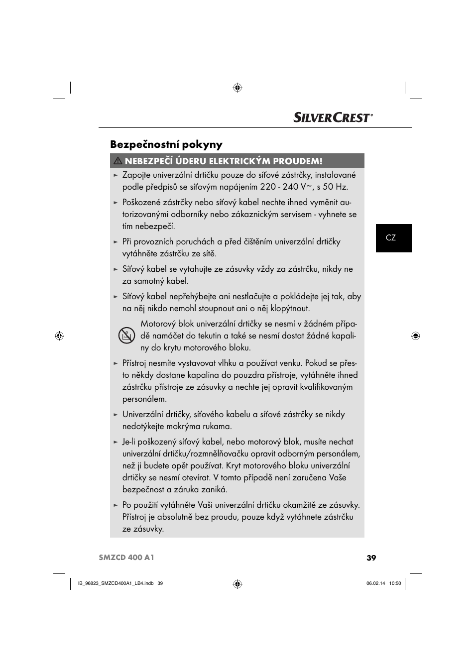 Bezpečnostní pokyny, Nebezpečí úderu elektrickým proudem | Silvercrest SMZCD 400 A1 User Manual | Page 42 / 76