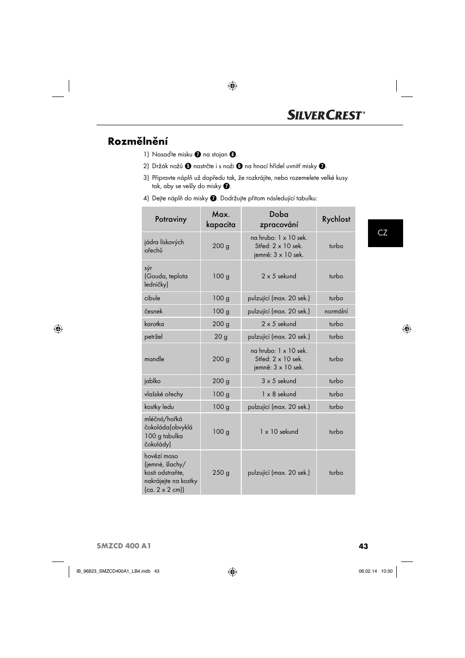 Rozmělnění, Potraviny max. kapacita doba zpracování rychlost | Silvercrest SMZCD 400 A1 User Manual | Page 46 / 76