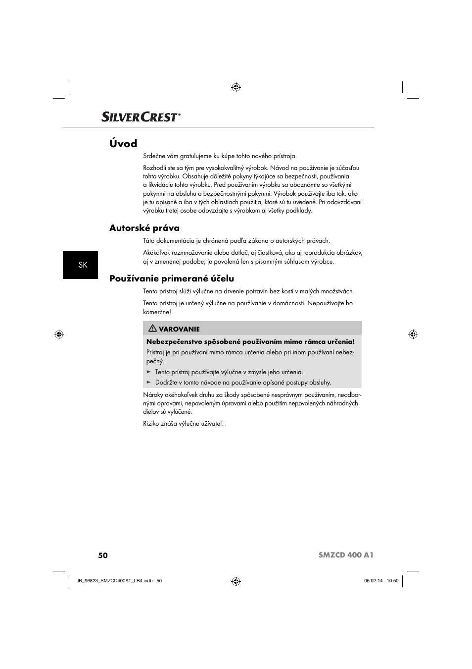Úvod, Autorské práva, Používanie primerané účelu | Silvercrest SMZCD 400 A1 User Manual | Page 53 / 76
