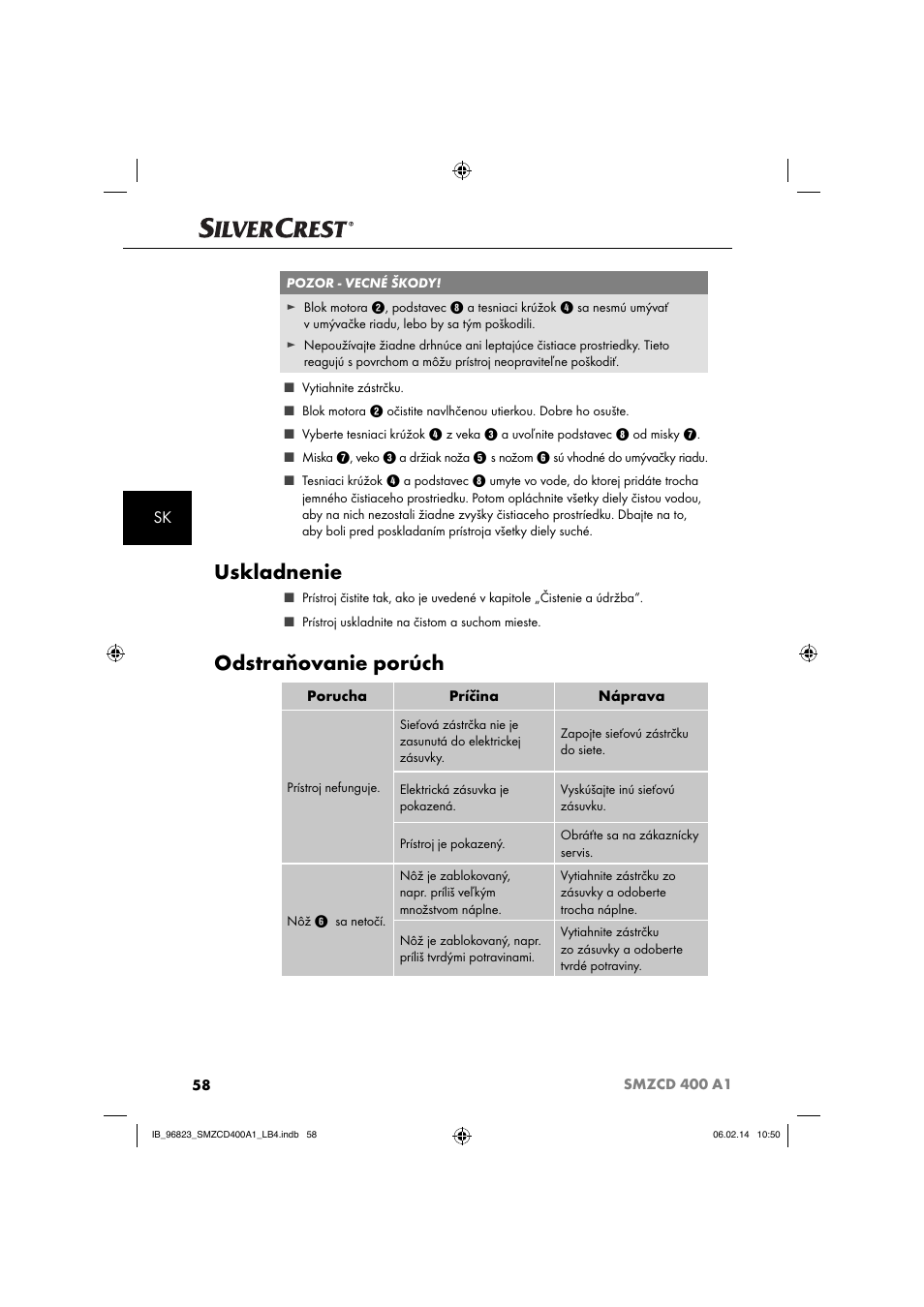 Uskladnenie, Odstraňovanie porúch | Silvercrest SMZCD 400 A1 User Manual | Page 61 / 76
