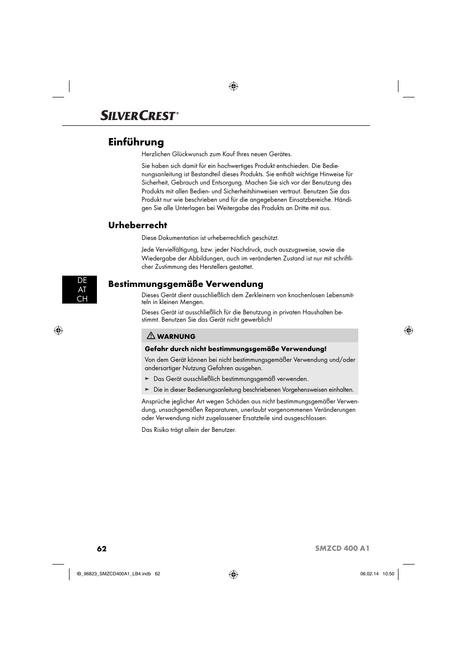 Einführung, Urheberrecht, Bestimmungsgemäße verwendung | De at ch | Silvercrest SMZCD 400 A1 User Manual | Page 65 / 76