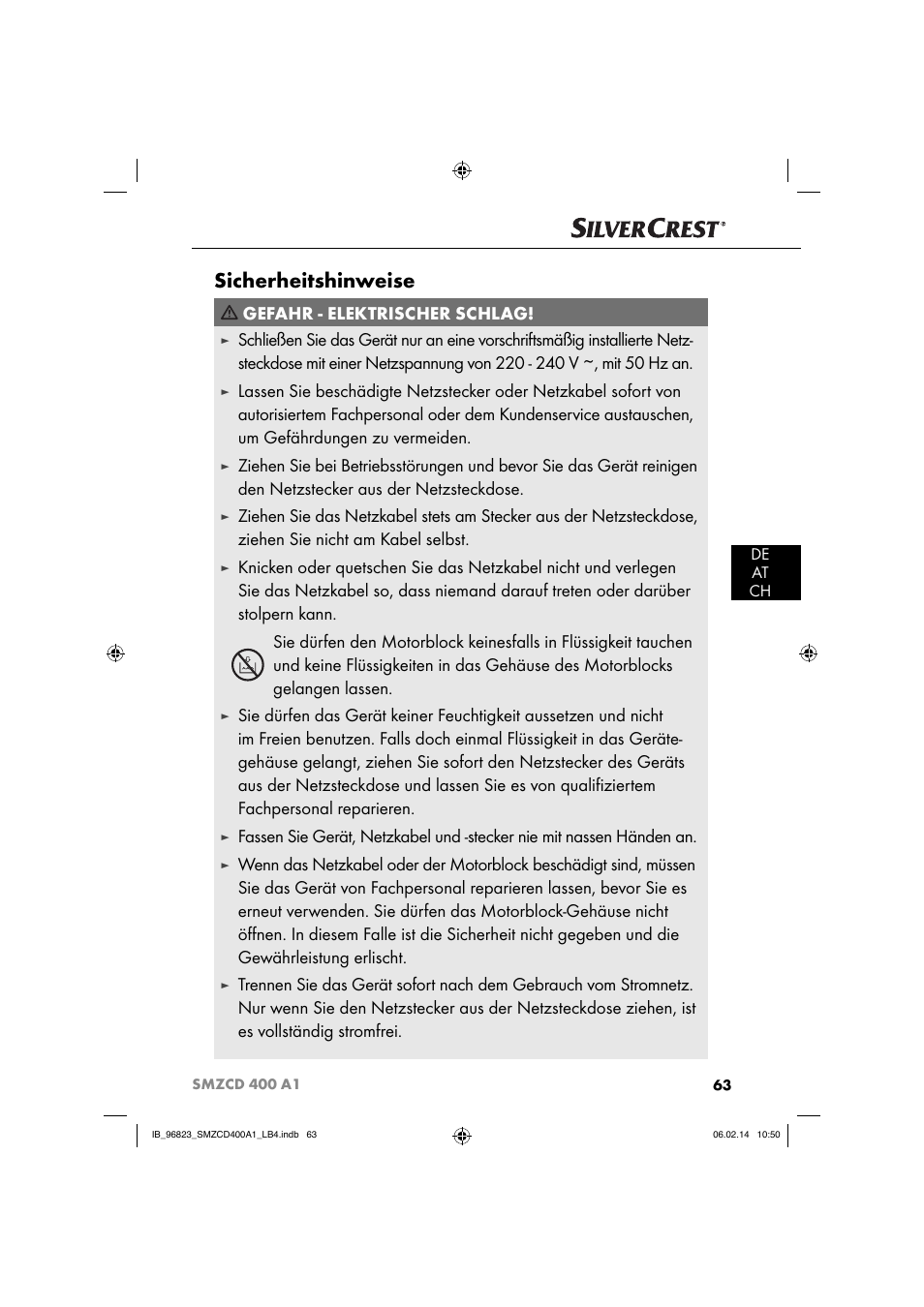 Sicherheitshinweise, Gefahr - elektrischer schlag | Silvercrest SMZCD 400 A1 User Manual | Page 66 / 76