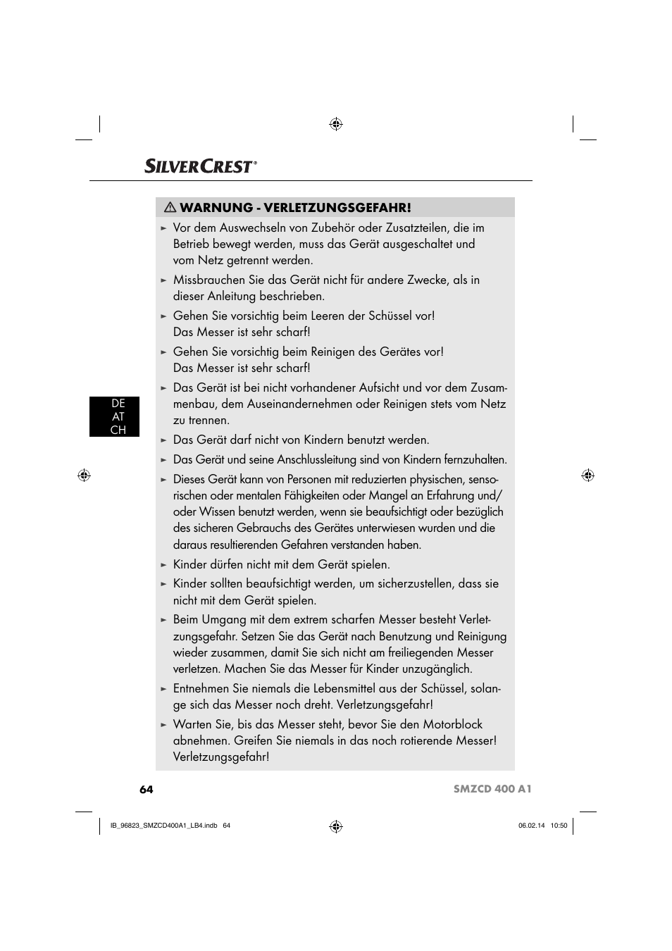 Warnung - verletzungsgefahr, Das gerät darf nicht von kindern benutzt werden, Kinder dürfen nicht mit dem gerät spielen | Silvercrest SMZCD 400 A1 User Manual | Page 67 / 76