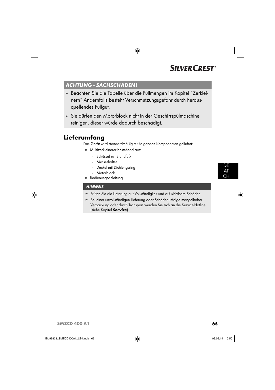 Lieferumfang, Achtung - sachschaden, De at ch | Silvercrest SMZCD 400 A1 User Manual | Page 68 / 76
