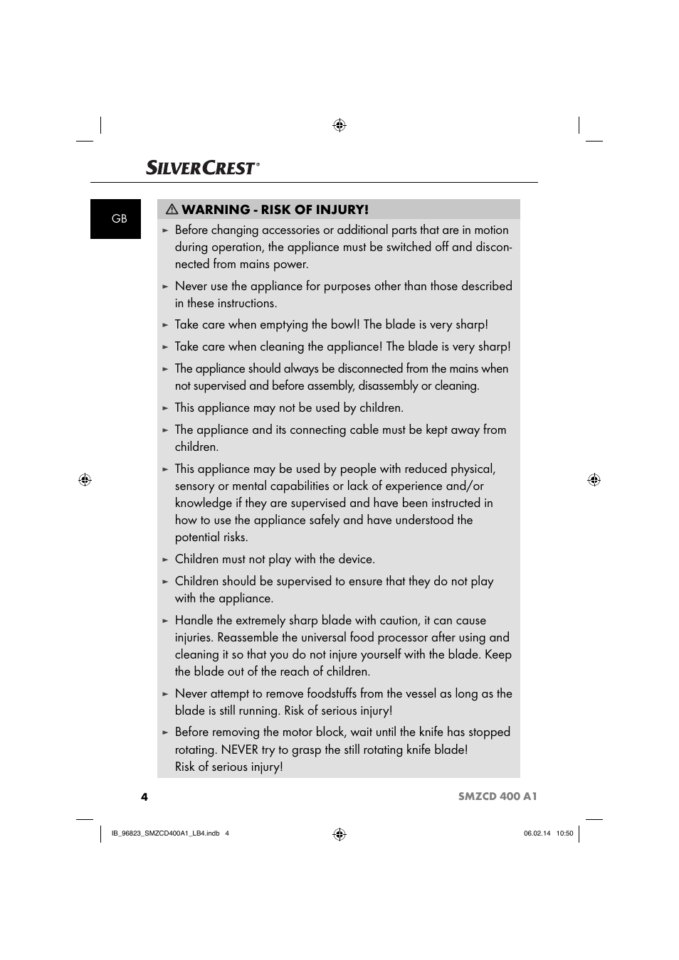 Warning - risk of injury, This appliance may not be used by children, Children must not play with the device | Silvercrest SMZCD 400 A1 User Manual | Page 7 / 76