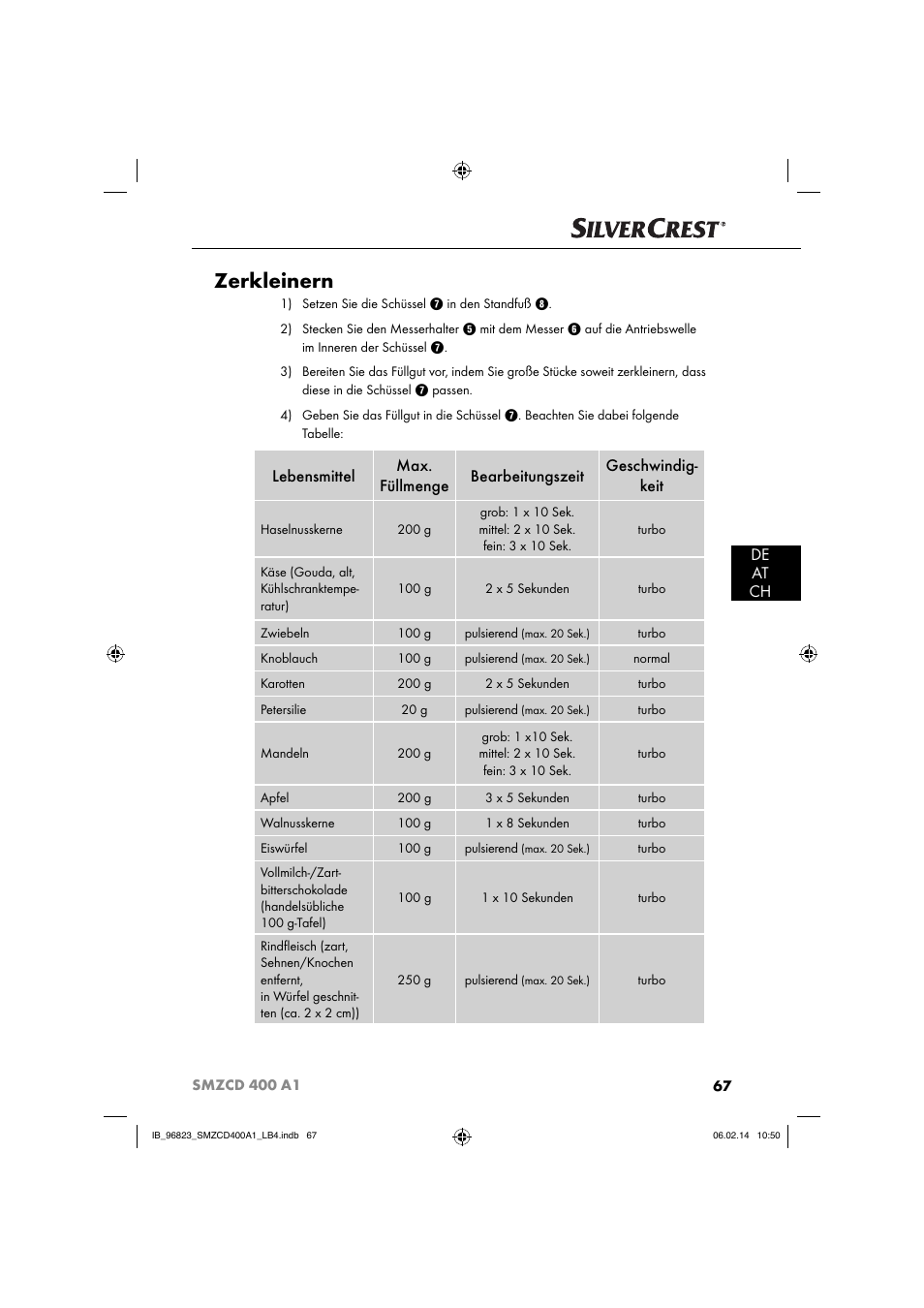 Zerkleinern, De at ch | Silvercrest SMZCD 400 A1 User Manual | Page 70 / 76
