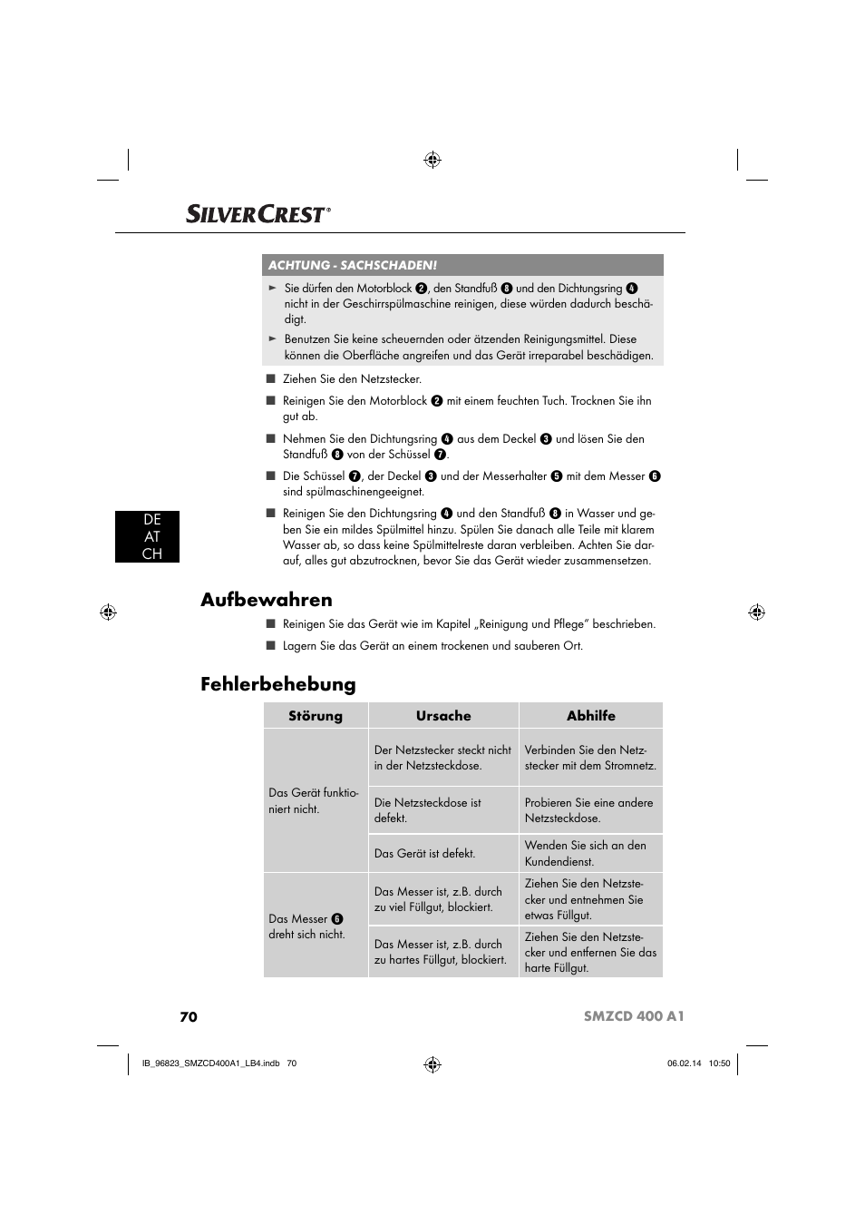 Aufbewahren, Fehlerbehebung, De at ch | Silvercrest SMZCD 400 A1 User Manual | Page 73 / 76