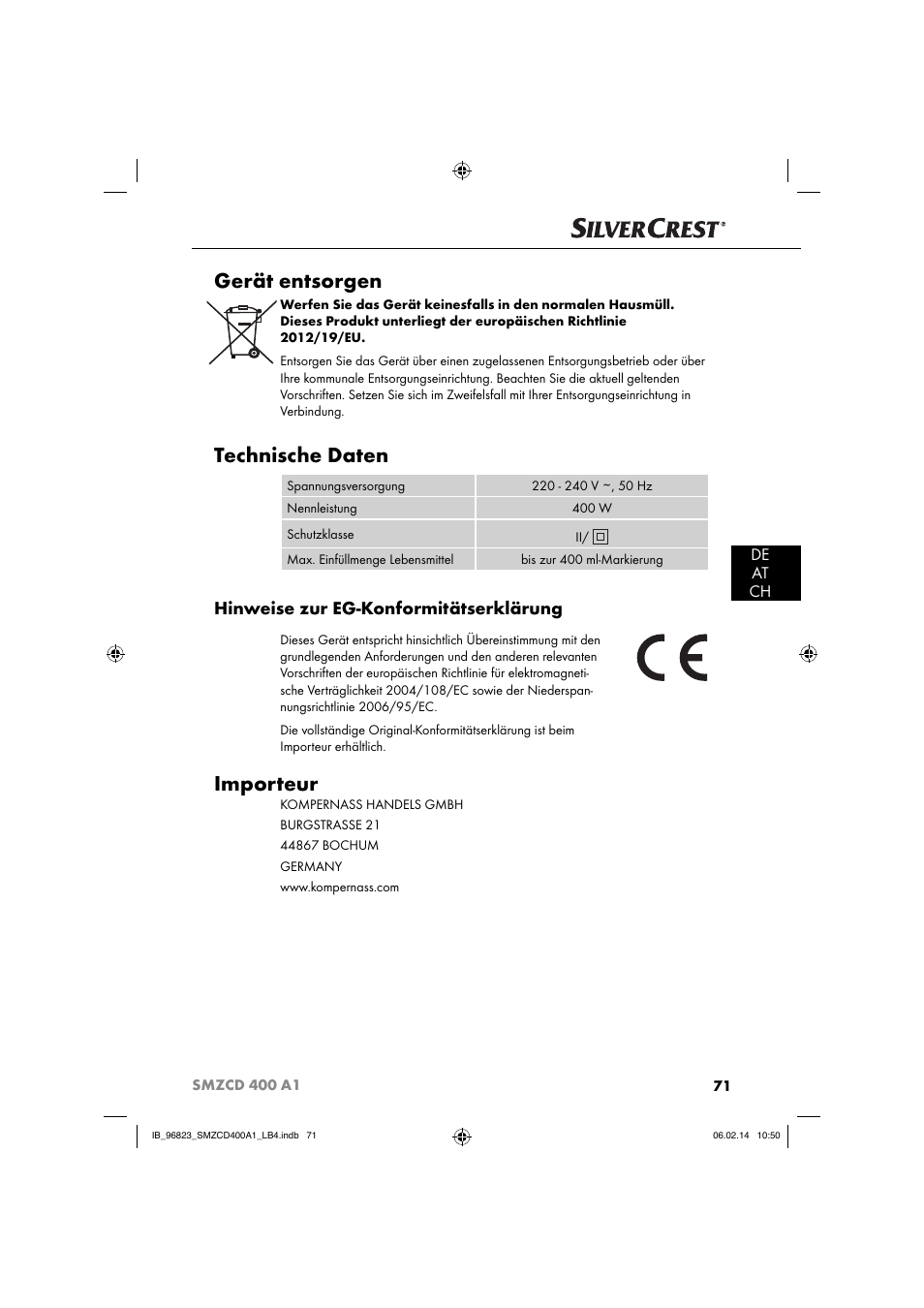 Gerät entsorgen, Technische daten, Importeur | Hinweise zur eg-konformitätserklärung, De at ch | Silvercrest SMZCD 400 A1 User Manual | Page 74 / 76